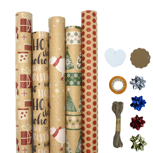 Cadeaupapier Rolformaat 3 m x 70 cm, pakket met 5 grafische accessoires inbegrepen